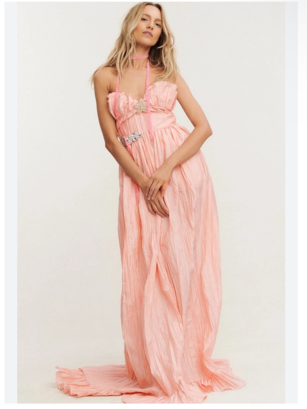 LoveShackFancy Katrina Sunrise Sorbet Ruffle Pleated Crinkle Maxi Dress size 8 - Picture 2 of 10
